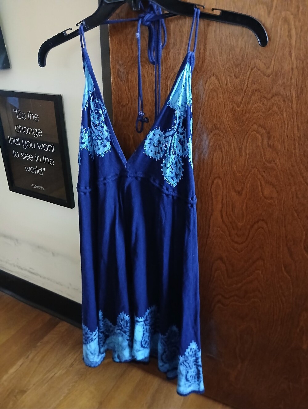 ADVANCE APPARELS navy & turquoise batik print halter mini dress